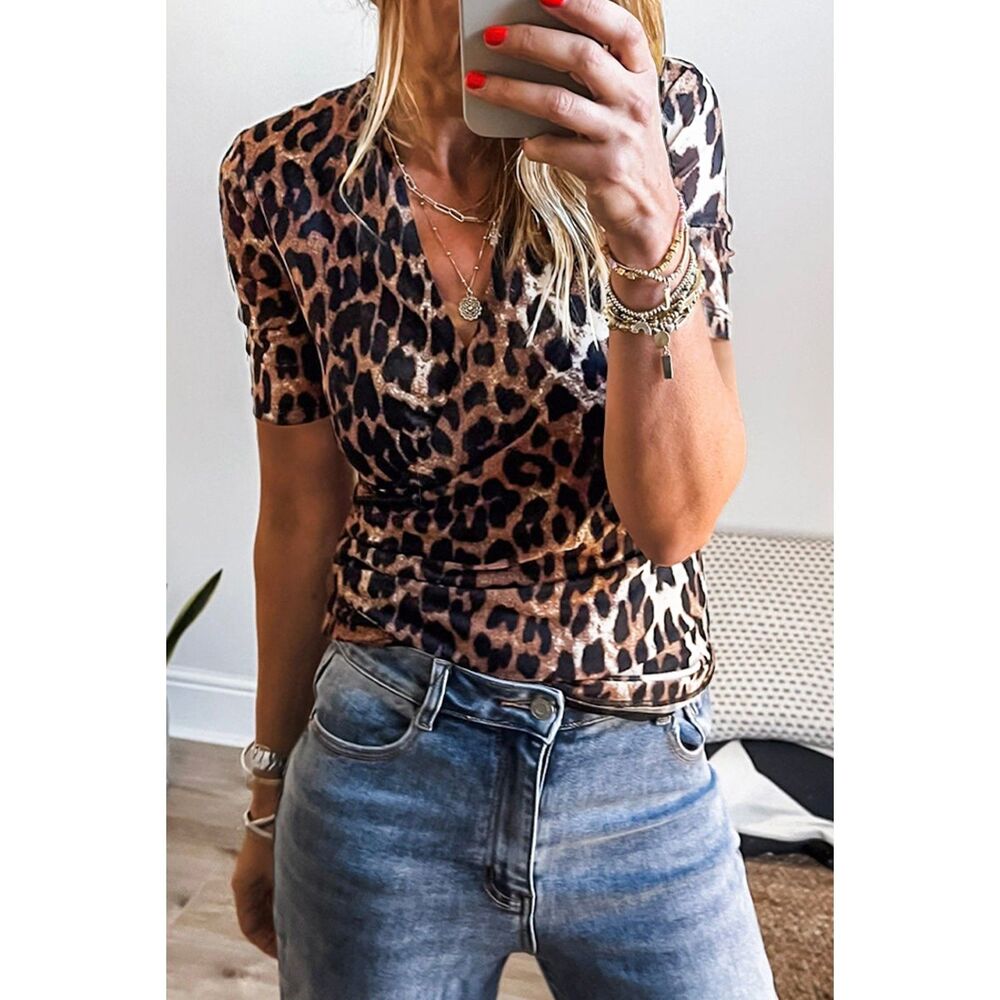 SHEWIN WOMEN BLACK LEOPARD WRAPPED V-NECK SHORT-SLEEVE T-SHIRT